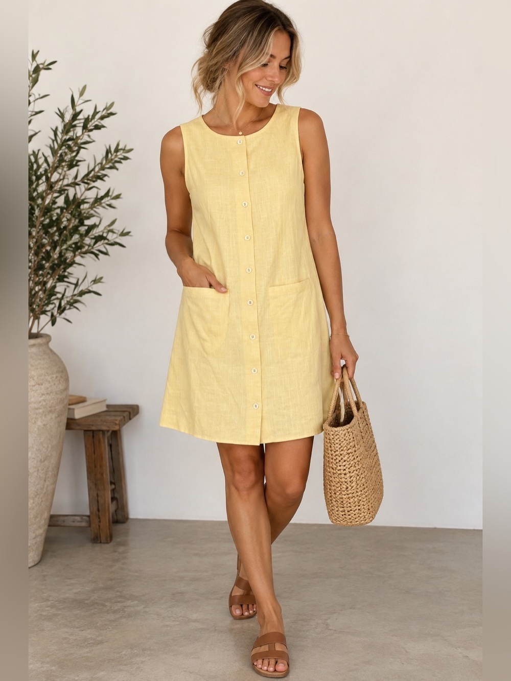 Paper Heart Butter Yellow Sleeveless Button-Front Mini Dress | M